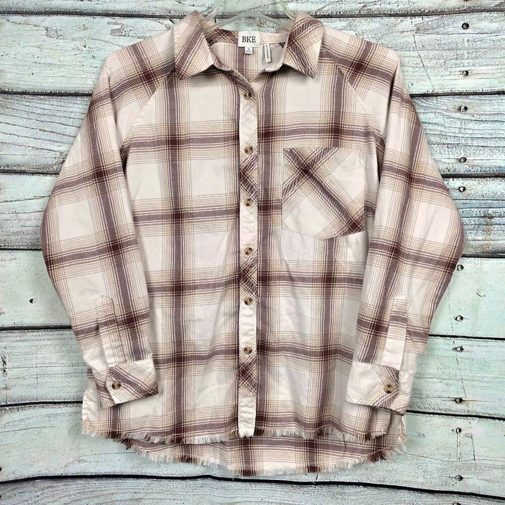 BKE Plaid Button Front Shirt Frayed Hem Women’s S